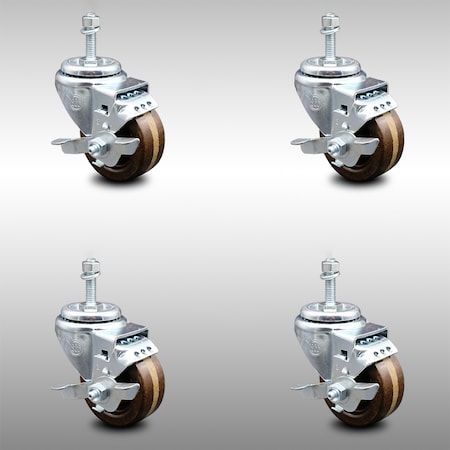 Service Caster 3 Inch SS High Temp Phenolic Swivel 3/8 Inch Threaded Stem Caster Set Brake SCC SCC-SSTS20S314-PHSHT-TLB-381615-4